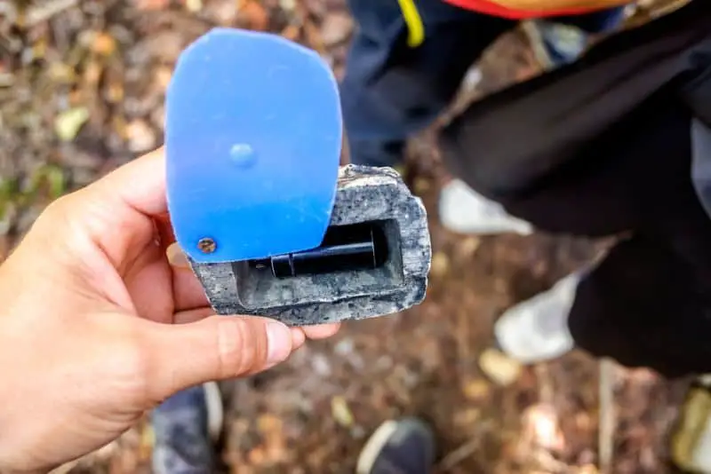 Geocache hidden in a forest found by searchers
